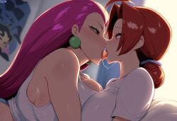 2girls ai_generated breasts delia_ketchum_(pokemon) female female/female human jessie_(pokemon) kissing large_breasts mature_female milf mullon novelai on_bed pokemon saliva saliva_drip saliva_on_tongue saliva_string saliva_trail side_view sloppy_kiss tongue_kiss tongue_out yuri