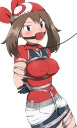 1girls absurd_res arms_behind_back ball_gag bandana bike_shorts blue_eyes bondage bound bound_arms bound_legs brown_hair collar covered_erect_nipples gag gagged game_freak large_breasts leash looking_at_viewer may_(pokemon) nintendo pokemon pokemon_rse saliva sara_mi_katsuo simple_background solo vibrator vibrator_under_clothes