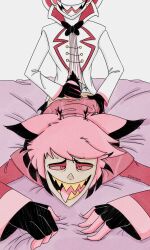 alastor_(hazbin_hotel) convenient_censoring convenient_censorship dominant dominant_male gay hazbin_hotel huffing lucifer_morningstar_(hazbin_hotel) small_dom_big_sub spoon_position spooning submissive submissive_male tail tongue_out yaoi