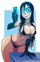 1girls 2018 artist_name big_breasts big_eyes bikini black_eyes black_hair breasts claws creepypasta eyeshadow female female_only humanoid iphone long_hair looking_at_viewer midriff momo_(creepypasta) monster_girl phone scuted_arms selfie smile solo solo_female talons text thick_thighs thighs thunder_thighs twistedgrim url watermark white_background wide_hips