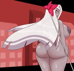 1girls ass big_ass big_breasts bja51 bow breasts demon demon_girl grey_skin hazbin_hotel huge_ass huge_breasts long_hair naked nipples pink_eyes red_background solo spear vaggie_(hazbin_hotel) vivienne_medrano white_hair