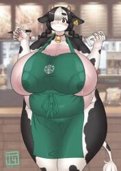 anthro apron apron_only barista bbw belly big_breasts blush breasts breasts_bigger_than_head chubby_female claws cow_girl cowbell cute_face detailed_background ear_piercing female_only freckles hair_over_one_eye highres horns huge_breasts huge_nipples iced_latte_with_breast_milk lactation massive_breasts meme_attire milk minotaur minotaur_female monster_girl necklace nipples nipples_visible_through_clothing red_eyes sgtnam sideboob thighs undersized_clothes wide_hips