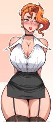 1girls alexa_stanworth big_breasts black_socks breasts choker cleavage female female_only garter_straps large_breasts office_lady original simmsy skirt socks solo thick_thighs thigh_socks thighhighs wide_hips