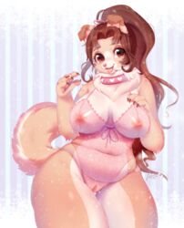 2018 5_fingers anthro areola belly big_eyes breasts brown_eyes brown_fur brown_hair canine cleavage clitoral_hood clitoris collar deep_navel female front_view fur furry lingerie long_hair looking_at_viewer mammal missaka navel neck_tuft nipples open_mouth ponytail pussy slightly_chubby solo standing tan_fur teeth thick_thighs tongue translucent tuft voluptuous wide_hips