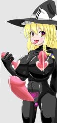 after_cumshot cum futa_sans_balls futanari holding_own_penis huge_cock i_(artist) latex latex_suit marisa_kirisame multi_genitalia multi_penis penis penis_nipples tongue_out touhou triphallia unusual_genitalia_placement unusual_penis_placement vibrator vibrator_in_pussy what