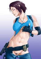 abs blue_eyes brown_hair busty capcom erect_nipples female female_focus female_only hourglass_figure jill_valentine navel necklace nipple_bulge nude nude_female nudity pinup pinup_pose pubes pubic_hair pussy resident_evil resident_evil_3 short_hair standing tagme tipodeincognito vagina wide_hips