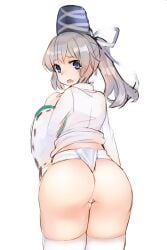 arm_at_side ass blue_hair female from_behind fundoshi hair_ribbon hand_up hat highres hip_focus japanese_clothes long_hair long_sleeves looking_at_viewer looking_back mayumura_basako mononobe_no_futo no_pants open_mouth ponytail ribbon ribbon-trimmed_sleeves ribbon_trim shirt silver_hair simple_background sketch solo standing tate_eboshi tearing_up thighhighs touhou white_background white_thighhighs wide_sleeves