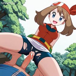 1boy 1girls ai_generated behind_view clothing cowgirl_position cum cute ejaculation female laugh low-angle_view may_(pokemon) may_(pokemon_rs) nintendo nsfwworks.ia penis pokemon pokemon_trainer pov sex smile torn_clothes