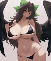 absurdres bikini bikini_pull bird_wings black_bikini black_hair black_wings blush bow breasts cleavage clothes_pull collarbone commentary_request female green_bow grey_background hair_intakes hairbow head_tilt highres huge_breasts long_hair moriforest1040 navel pulled_by_self reiuji_utsuho simple_background solo swimsuit touhou utsuho_reiuji wings