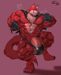 anthro balls basil_(dragon_ball) big_balls bulge canine clothing dragon_ball dragon_ball_super flaccid gloves huge_balls hyper hyper_balls hyper_muscles hyper_penis male male_only mammal muscular open_mouth penis reclamon smile solo standing underwear vein