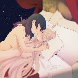 2girls asymmetrical_docking bed black_hair breast_press breasts byleth_(female)_(fire_emblem) byleth_(fire_emblem) byleth_(fire_emblem)_(female) canopy_bed commentary_request cowgirl_position curtains dated edelgard_von_hresvelg eye_contact female female_only fire_emblem fire_emblem:_three_houses hand_on_another's_shoulder holding_hands imminent_kiss indoors interlocked_fingers large_breasts long_hair looking_at_another multiple_girls night nintendo noses_touching nude on_bed parted_lips pillow purple_eyes romaji_commentary sky small_breasts star_(sky) starry_sky twitter_username upper_body white_hair yukiyanagi_raki yuri