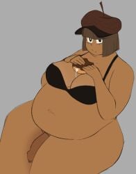 1futa bangs belly belly_button big_breasts breasts bretta_(capydiem) brown_hair capy_diem chubby clothed clothing dark-skinned_futanari dark_skin futa_only futanari huge_belly human mostly_nude obese overweight overweight_futanari penis short_hair solo solo_futa uncut unretracted_foreskin weight_gain