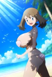 1girls 2024 ai_art ai_generated beach big_breasts blue_eyes brown_hair cleavage female female_only gamefreak highres huge_breasts human large_breasts may_(pokemon) mayday_(artist) nintendo outdoors pokemon pokemon_(anime) seashell_bikini seashell_bra shell_bikini smile smiling tagme