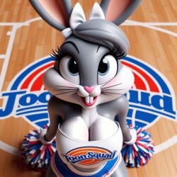 1girls ai_generated basketball_court big_breasts bimbofication bow breasts bugs_bunny busty cheerleader cheerleader_uniform cleavage clothing edited female furry kneeling looking_up looney_tunes mtf_transformation pom_poms rule_63 space_jam