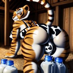 ai_generated all_fours anthro back_bulge barn cowprint_bra cowprint_panties cum cum_in_container furry futanari kung_fu_panda master_tigress