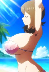 1girls 2024 ai_art ai_generated beach big_breasts blue_eyes brown_hair cleavage female female_only gamefreak highres huge_breasts human large_breasts may_(pokemon) mayday_(artist) nintendo outdoors pokemon pokemon_(anime) seashell_bikini seashell_bra shell_bikini smile smiling tagme