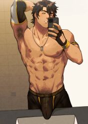 1boy 1male abs armpit_hair bara bulge hand_behind_head male male_focus male_only muscular muscular_male pendant_necklace penis_under_clothes public_restroom selfie selfie_pose shirtless_male six_pack solo standing sweaty underwear underwear_only zink_(zink_mchn)