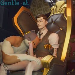 anthro balls black_hair face_on_penis fortnite furry gay gold_hands gun holding_head looking_pleasured male/male meowscles_(fortnite) midas_(fortnite) penis sitting_on_chair tattoo