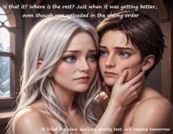 ai_generated apogeeblack ashe_(league_of_legends) blue_dress blue_eyes breast_press breasts choker cleavage comic eye_contact female french_kiss kissing large_breasts league_of_legends long_hair nipples nude tongue white_hair