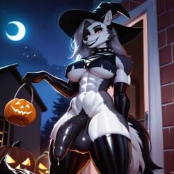 abs ai_generated anthro canine eclipse futanari halloween hellhound latex loona_(helluva_boss) lunar_eclipse muscular muscular_futanari penis thighhighs trick_or_treat veiny_penis witch_costume witch_hat