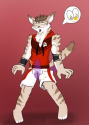 anthro ballbusting bulge clothed clothing cock_and_ball_torture feline hi_res leopard_cat male male_only mammal nekojishi open_mouth shu-chi solo speech_bubble tears tongue unknown_artist