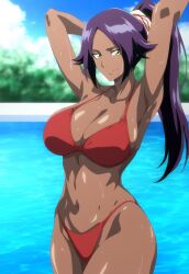 1girls ai_generated armpits arms_up big_breasts bikini bikini_bottom bikini_top bleach bleach:_the_thousand-year_blood_war breasts brown_skin cleavage curvaceous curvy curvy_body curvy_female curvy_figure dark-skinned_female dark_skin female female_focus hourglass_figure huge_breasts large_breasts long_hair midriff nai_diffusion ponytail pool poolside purple_hair red_bikini sagging_breasts shihouin_yoruichi skimpy skimpy_bikini solo solo_focus stable_diffusion swimsuit tofuro very_long_hair voluptuous voluptuous_female wet wide_hips