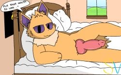 absurd_res animal_genitalia animal_penis anthro anthro_only bed canid canine canine_genitalia canine_penis demanding digital_media_(artwork) dominant dominant_male eeveelution english_text erection fur furniture generation_1_pokemon genitals hi_res jolteon knot looking_at_viewer lying lying_on_bed male male/male mammal nintendo nude on_bed on_side penis pokemon pokemon_(species) shaded simple_background smile smug_expression smug_face smug_grin solo speedyvibes speedyvibes(fursona) text watermark yellow_body yellow_fur