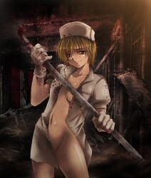 blonde_hair blood_on_clothing blood_on_face blood_on_weapon brown_eyes cosplay heather_mason holding_weapon konami looking_at_viewer naked_under_clothes nurse_(silent_hill)_(cosplay) nurse_uniform silent_hill silent_hill_3 unknown_artist