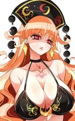 arms_behind_back big_breasts bikini bikini_top_only black_bikini blonde_hair breasts cleavage collarbone crescent earrings eyelashes female hat highres jewelry junko_(touhou) large_breasts long_hair open_mouth pointy_ears raptor7 red_eyes simple_background solo swimsuit tattoo touhou triangle_mouth upper_body very_long_hair white_background