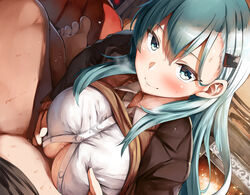 1boy 1girls aqua_eyes aqua_hair bangs belko blush breast_squeeze breasts brown_jacket brown_sweater cardigan cardigan_lift closed_mouth clothes_lift dress_shirt female hair_between_eyes hair_ornament hairclip jacket kantai_collection large_breasts lolicept long_hair looking_at_viewer looking_up open_clothes open_jacket paizuri paizuri_under_clothes shirt smile solo_focus sunlight suzuya_(kantai_collection) suzuya_kai_ni_(kantai_collection) sweat sweater sweater_lift