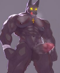 abs anthro anubian_jackal anubis balls biceps bodily_fluids canid canine canis cum deity egyptian_mythology genital_fluids genitals hi_res humanoid_genitalia humanoid_penis jackal leaking leaking_cum male mammal middle_eastern_mythology muscular muscular_anthro muscular_male mythology nipples pecs penis reachea solo vein veiny_muscles veiny_penis