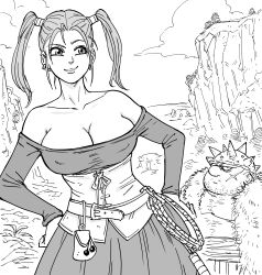 1boy 1girls bb_(baalbuddy) big_breasts black_and_white cleavage dragon_quest dragon_quest_viii female hands_on_hips hi_res jessica_albert male smiling twintails yangus