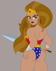 1girls ass ass_focus baohda blonde_hair cosplay dc dc_comics dc_super_hero_girls hippolyta long_hair looking_at_viewer looking_back sword thick_thighs wonder_woman_(cosplay) yellow_eyes