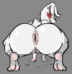 anthro anus ass big_anus bodily_fluids crouching eyelashes feet female five_nights_at_freddy's fur genitals glistening hi_res khristos lagomorph leporid looking_at_viewer mammal open_mouth pawpads pussy rabbit red_eyes scottgames solo sweat sweaty_butt tail vanny_(fnaf) white_body white_fur