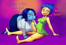 1futa ass ass_cleavage balls big_ass big_lips bimbo blue_hair blush breasts butt_crack chubby clothed_sex clothing dialogue erection fellatio futa_on_female futanari glasses handjob inside_out intersex joy_(inside_out) lips outta_sync penis pixar puckered_lips sadness_(inside_out) saliva sweat sweater text