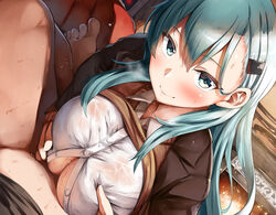 1boy 1girls aqua_eyes aqua_hair bangs belko blush breast_squeeze breasts brown_jacket brown_sweater cardigan cardigan_lift closed_mouth clothes_lift dress_shirt female hair_between_eyes hair_ornament hairclip jacket kantai_collection large_breasts lolicept long_hair looking_at_viewer looking_up open_clothes open_jacket paizuri paizuri_under_clothes revision shirt smile solo_focus sunlight suzuya_(kantai_collection) suzuya_kai_ni_(kantai_collection) sweat sweater sweater_lift