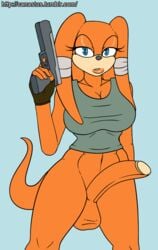 1futa anthro athletic balls blue_eyes breasts canastus clothing cosplay dreadlocks dress_up erection eyelashes flat_colors fur furry futa_only futa_sans_pussy futanari gloves gun half_naked handgun huge_penis intersex lara_croft_(cosplay) lipstick looking_at_viewer makeup midriff orange_fur penis pinup pistol pose ranged_weapon shirt simple_background solo_futa sonic_(series) tank_top tikal_the_echidna tomb_raider weapon wide_hips