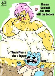 ass big_breasts big_butt blush breasts cartoon_network dessert dialogue dxoz female food gumball_watterson huge_butt ice_cream licking_finger obese_female sarah_(tawog) sarah_g_lato size_difference text the_amazing_world_of_gumball thick_thighs wide_hips