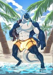 abs anthro beach biceps bioluminescence blue_eyes blue_skin bulge claws clothing glowing glowing_clothes komodo_dragon lizard long_tail male male_focus male_only monitor_lizard muscular muscular_male open_mouth palm_tree partially_submerged pecs penis_outline reptile scalie seaside sheer_clothing smile solo standing swimming_trunks swimsuit taoren teeth thick_thighs tongue tongue_out towel translucent transparent_clothing tree tropical vincent vincent_(fishbook5) white_skin