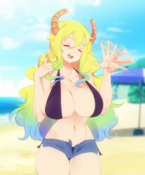 1girls abs beach big_breasts blonde_hair blue_hair blush closed_eyes cloud clouds detailed_background female female_only gesture gradient_hair green_hair horn horns huge_breasts large_breasts long_hair miss_kobayashi's_dragon_maid motion_blur open_clothes open_mouth outdoors quetzalcoatl_(dragon_maid) sand sea short_pants shorts sky smile solo solo_focus stickysheep thin_waist umbrella waving wide_hips