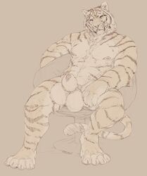 1boy animal_genitalia big_feet big_penis big_testicles drell_(pumafgt) feline furry grin male male_only mammal monochrome muscular oouna paws penis penis_tip pinup pose reclining sheath sketch smile solo testicles text tiger watermark