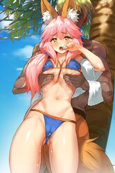 1boy :o animal_ears ass_visible_through_thighs bangs bikini blue_bikini blue_sky blush breast_grab breasts cloud cowboy_shot dark-skinned_male dark_skin day erect_nipples eyebrows_visible_through_hair faceless faceless_male fate_(series) female fox_ears fox_girl fox_tail furrowed_eyebrows grabbing grabbing_from_behind groin hair_between_eyes kkamja large_breasts long_hair low_ponytail male navel nipples oerba_yun_fang open_mouth outdoors palm_tree pink_hair pussy pussy_juice side_ponytail sky swimsuit tail tamamo_no_mae_(fate) tamamo_no_mae_(swimsuit_lancer) thighs towel tree underboob yellow_eyes