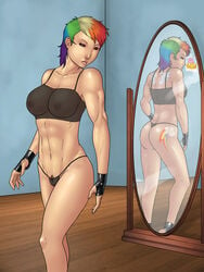 2013 abs ass digital_media_(artwork) humanized latex_gloves mirror my_little_pony photo pubic_hair pussy pussy_hair rainbow_dash_(mlp) rainbow_hair red_eyes see-through_bra see-through_panties skottichan smooth_skin tattoo tattoos translucent