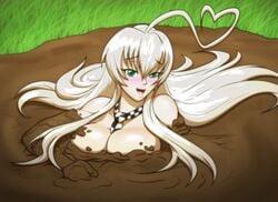 1girls aged_up ahoge big_breasts blush breasts checkered_necktie female female_only fetish green_eyes haiyore!_nyaruko-san heart large_breasts long_hair messy mud mud_bath muddy muddy_hand nyaruko open_mouth quicksand sinking smile solo tie toughset white_hair