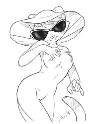 2014 anthro breasts eyewear feline female furry furry_only hat mammal monochrome mostly_nude nipples no_humans pussy simple_background smile solo standing sunglasses taral_wayne white_background