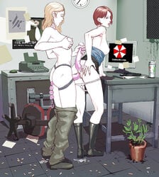 2girls anal_beads anal_insertion anus artist_request breast_squeeze breasts brown_hair capcom character_request dildo duo female jill_valentine jill_valentine_(julia_voth) multiple_girls nipples panties_down pussy resident_evil resident_evil_3 sex_toy shirt_down spread_ass strap-on tubetop umbrella_corporation vaginal_penetration yuri