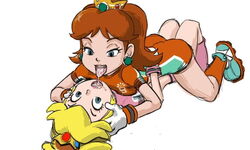 2girls artist_request black_panties blonde_hair blue_eyes brown_hair crown dark_skin earrings female female_only football football_player football_uniform gloves hat human jewelry long_hair mario_(series) mario_strikers multiple_females nintendo orange_shorts pink_shorts ponytail princess princess_daisy princess_peach saliva saliva_swap saliva_trail tied_hair yuri