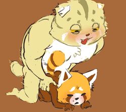 aggressive_retsuko aggretsuko all_fours anal anal_sex barazoku bear big-fig blush bottomless closed_eyes clothed clothing doggy_style duo fangs feline from_behind_position gay male male_only mammal manumaru nipples open_mouth pallas's_cat penetration red_panda resasuke sanrio sex slightly_chubby smooth_fur striped_tail stripes tuft yaoi yellow_eyes