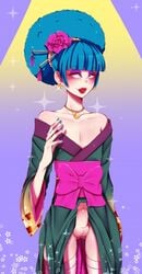 1boy 2017 blue_hair choroko_(osomatsu-san) crossdressing digital_media_(artwork) drag_queen erection femboy geisha gomi-cake human human_only japanese_clothes lipstick looking_at_viewer makeup male male_only necklace osomatsu-san otoko_geisha penis red_lipstick simple_background smile smiling solo wig