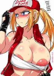 1girls areola areolae big_breasts bimbo black_gloves blonde_hair blue_eyes blush breasts breasts_out busty canon_genderswap cap cleavage clothing english_text fatal_fury female female_only fingerless_gloves gloves huge_breasts japanese_text king_of_fighters large_breasts long_hair nipples rule_63 serious shirt shirt_pull short_shirt simple_background snk snk_heroines:_tag_team_frenzy solo sweat sweatdrop terry_(snk_heroines:_tag_team_frenzy) terry_bogard text translated voluptuous white_background zasshu_nigou